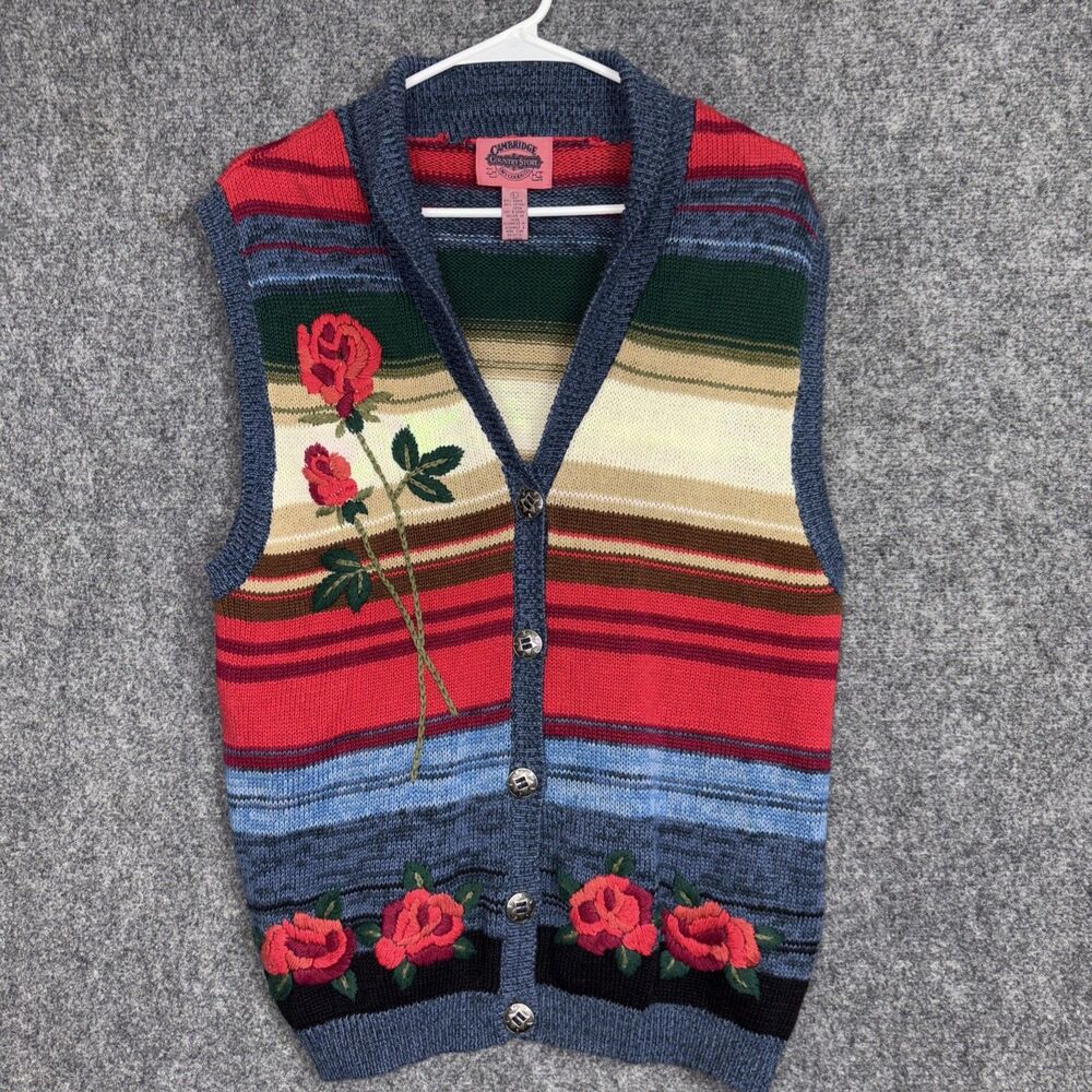 Cambridge Dry Goods Country Store Rose Sweater Vest Womens L  Blue Cardigan Vtg